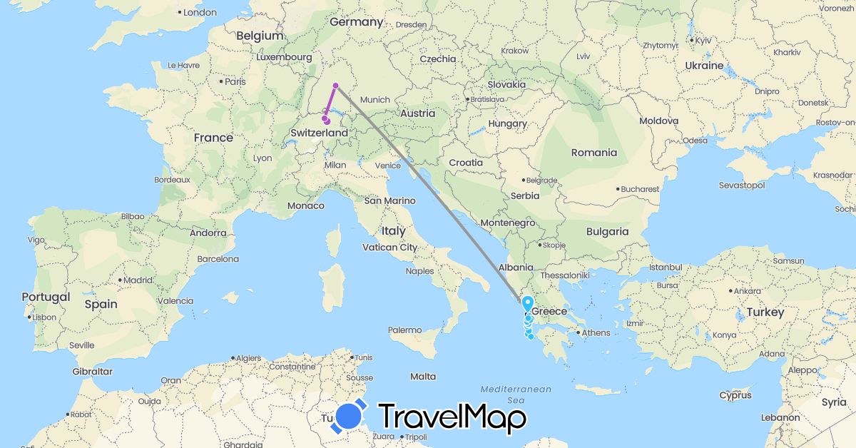 TravelMap itinerary: driving, plane, train, boat in Switzerland, Germany, Greece (Europe)